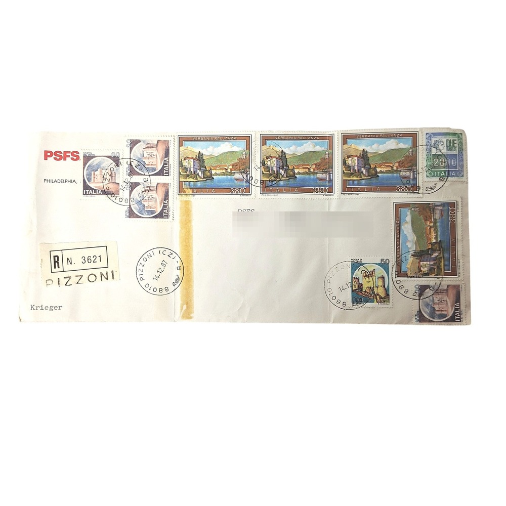 Vintage 1987 Italy Registered Mail Envelope Verbania Pallanza Stamps Pizzoni